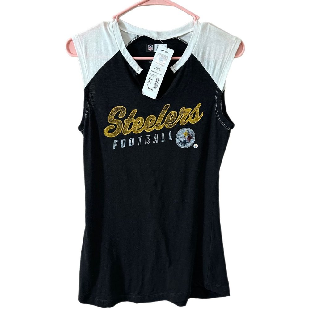 NFL Team Apparel Women’s Size Small Black White V-Neck Tee Steelers NEW